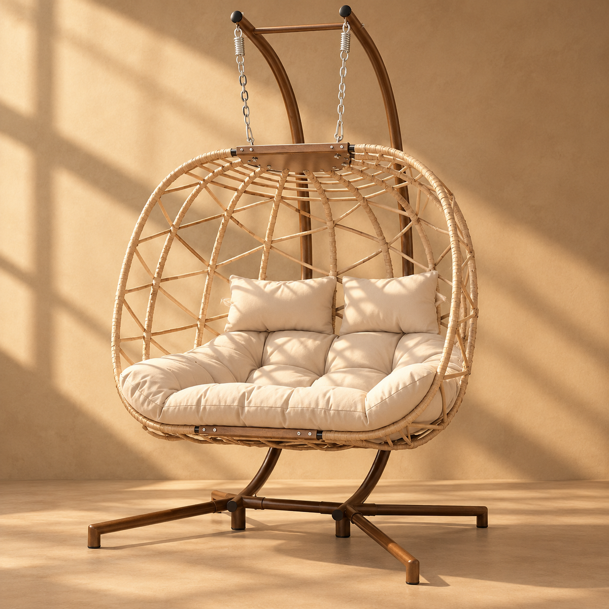 Le Nid à Deux double hanging egg chair in Doré golden beige, front view