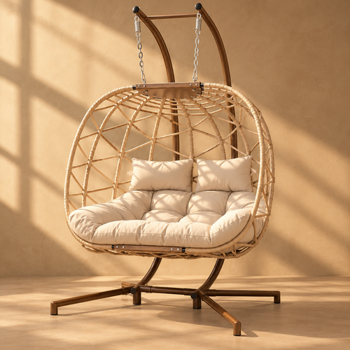 Le Nid à Deux double hanging egg chair in Doré golden beige, front view